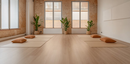 Natural light floods a tranquil yoga studio showcasing several mats and cushions perfectly arranged for a calming practice, highlighting the peaceful atmosphere and inviting decor.の素材