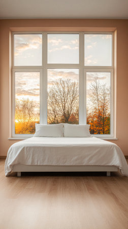 A spacious bedroom features a comfortable white bed against large windows showcasing a stunning sunset. Autumn trees outside add vibrant colors to the serene evening atmosphere.の素材