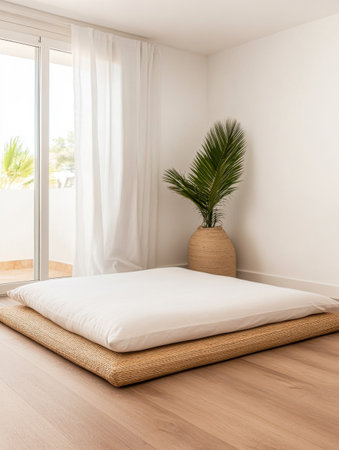 A minimalist bedroom features natural light pouring in through large windows, illuminating a spacious floor cushion on a woven mat. A potted plant adds a touch of greenery to the calming atmosphere.の素材