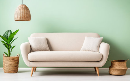 A light beige sofa with decorative cushions is positioned against a calming pastel green wall. Nearby, woven baskets and a potted plant enhance the cozy atmosphere of the living space.の素材