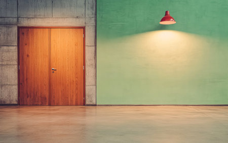 A contemporary room showcases a wooden door set against a green wall, softly lit by a red pendant light, highlighting the minimalist design and clean lines of the space.の素材
