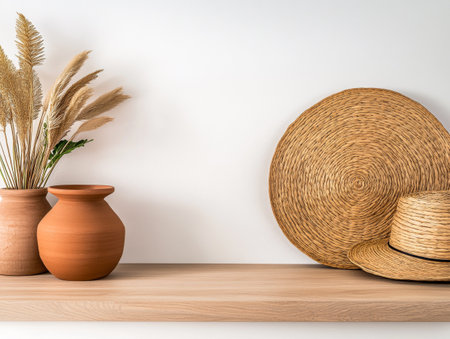 A minimalist wooden shelf displays two terracotta vases and a round woven placemat, accompanied by dried grass arrangements. This setup creates a warm and inviting atmosphere.の素材