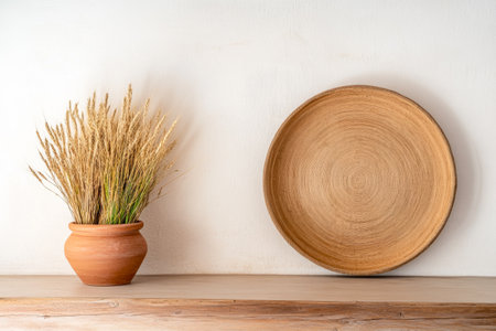 A rustic clay pot holds dried grass, placed beside a round woven platter on a wooden shelf against a light wall. This setup creates a cozy and serene atmosphere in the room.の素材