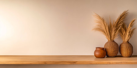A stylish wooden shelf holds two textured vases filled with dried plants alongside a smaller clay pot, all set against a muted wall, creating a serene and inviting atmosphere.の素材