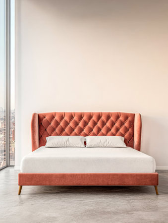 A stylish pink upholstered bed sits against a plain wall in a minimalist bedroom. Large windows offer a panoramic view of the city, enhancing the modern aesthetic of the space.の素材