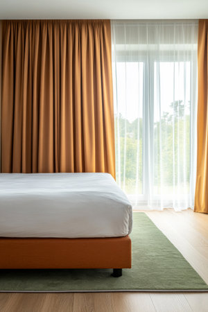 A spacious bedroom features a comfortable bed with a white duvet, earthy-toned curtains, and a large window allowing natural light to brighten the room, creating a serene ambiance.の素材