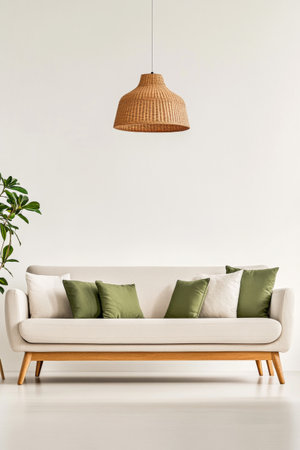 A stylish living room features a light-colored sofa adorned with green pillows. A hanging wicker light fixture adds warmth. A plant by the sofa enhances the cozy ambiance.の素材