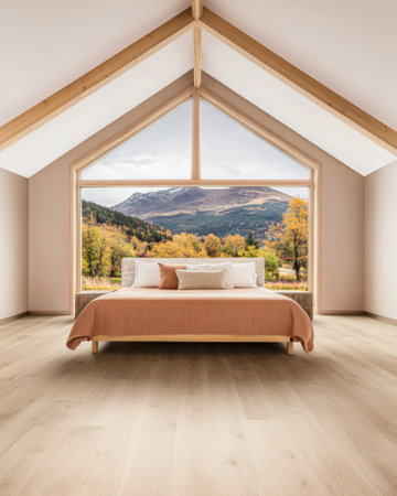 A spacious bedroom features a large window showcasing a picturesque mountain landscape framed by autumn trees. The warm, inviting decor enhances the serene atmosphere.の素材