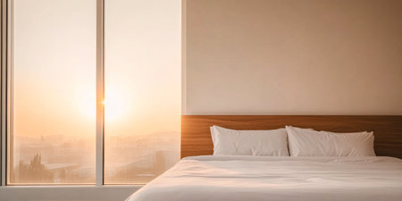 A cozy bedroom features a spacious bed adorned with crisp white linens. Large windows reveal a beautiful sunrise, casting warm light across the room, evoking tranquility and comfort.の素材