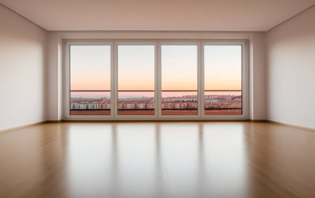 The spacious room features large windows offering an unobstructed view of the sunset illuminating the city skyline. The wooden floor reflects the warm colors of the evening sky.の素材