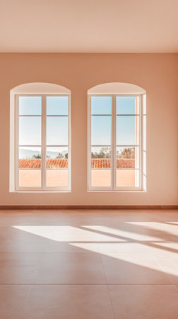 A spacious room features two large windows allowing abundant sunlight to fill the area, highlighting minimalistic design and a serene view of rooftops beyond.の素材
