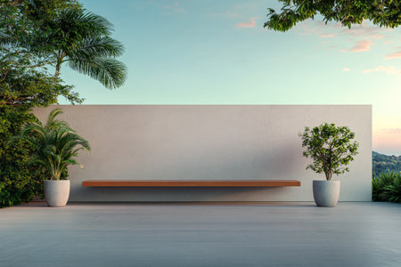 A tranquil outdoor space features a wooden bench against a smooth wall, surrounded by lush greenery and planters. The sky fades to soft colors in the evening light.の素材