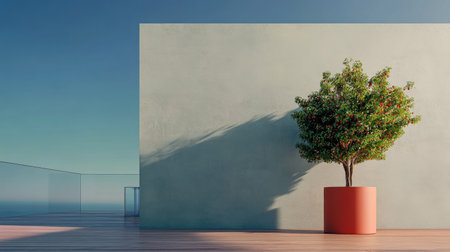 A potted tree stands on a stylish terrace, casting a long shadow on the smooth surface as sunlight illuminates the scene. The backdrop features tranquil ocean waters and clear skies.の素材