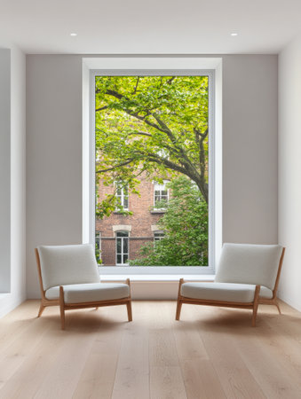 Light streams through a spacious window where two minimalist chairs sit facing a vibrant green tree. The setting is serene and inviting, perfect for relaxation or contemplation.の素材