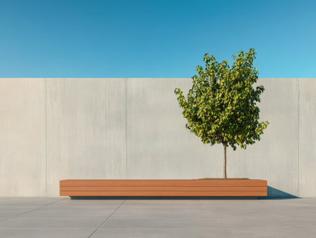 A single tree stands tall in a sleek wooden planter, contrasted by a smooth concrete wall and a bright blue sky above. The scene evokes tranquility and modern aesthetics in landscaping design.の素材