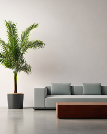 A contemporary living space showcases a light gray sofa with cushions, complemented by a tall green palm in a pot and a sleek wooden coffee table against a neutral wall.の素材
