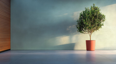 A potted tree is positioned in a spacious, minimalist room featuring a smooth wall and warm wooden accents. The natural light casts gentle shadows, enhancing the tranquil atmosphere.の素材