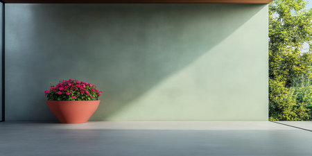 A spacious area features a large terracotta pot filled with colorful flowers placed against a soft green wall, illuminated by natural light streaming in, creating a serene atmosphere.の素材
