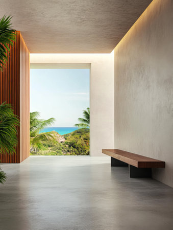 A contemporary hallway opens to a stunning coastal view, framed by natural light and lush greenery, creating a peaceful retreat. The minimalist design enhances the tranquil atmosphere.の素材