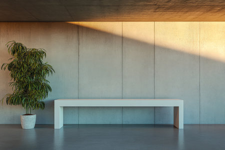 A minimalist space showcases a white bench beside a potted plant, illuminated by soft, natural light. The clean lines and simple decor create a calming atmosphere in the room.の素材
