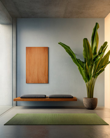 A modern room showcases minimalist design with a wooden bench, green rug, and large indoor plant against a soft wall. The natural light accentuates the serene atmosphere, promoting relaxation.の素材