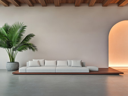 A spacious minimalist living room showcases a large, low-profile sofa with neutral cushions, complemented by a tall potted plant. The wooden archway creates a warm ambiance with soft lighting.の素材