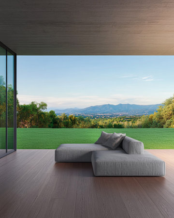 A contemporary lounge area features a minimalistic sofa, offering a stunning view of the mountains and greenland beyond through expansive glass walls. The tranquil setting invites relaxation.の素材