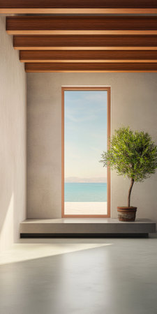 A serene indoor setting features a potted tree beside a wide window that frames a breathtaking ocean view, highlighting calm waters and a clear sky in soft daylight.の素材