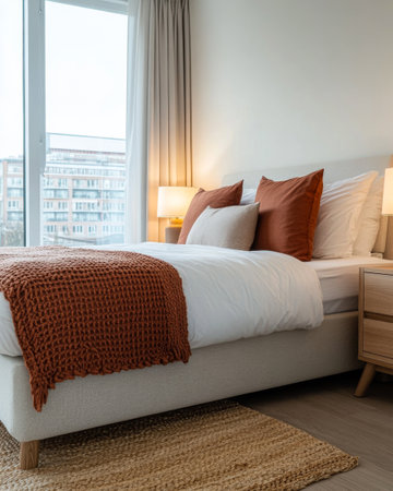 A well-lit modern bedroom features a comfortable bed draped with a warm blanket, accent pillows, and stylish nightstands. The large window lets in soft natural light, creating a welcoming atmosphere.の素材