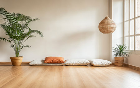 A warm, inviting living room corner features soft floor cushions in neutral colors, complemented by potted plants. Sunlight streams in through large windows, enhancing the peaceful atmosphere.の素材