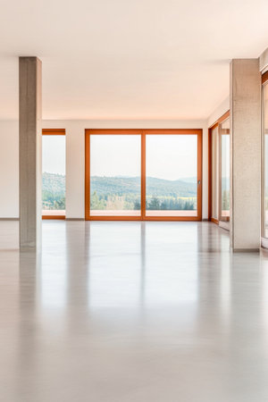 Bright and airy interior featuring expansive windows that open to a picturesque landscape of rolling green hills, creating a seamless connection between indoor and outdoor spaces.の素材