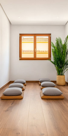 A serene meditation area features neatly arranged cushions on the warm wooden floor, complemented by a vibrant potted plant and a bright window allowing natural light.の素材