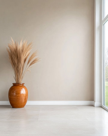 A warm terracotta vase filled with dried grasses stands elegantly in the corner of a bright, modern living room with large windows and neutral-colored walls, creating a serene and stylish ambiance.の素材