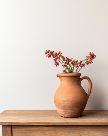 A rustic clay pitcher holds branches of delicate pink flowers, enhancing the simple beauty of a wooden table. The neutral background adds calmness to the overall arrangement.の素材