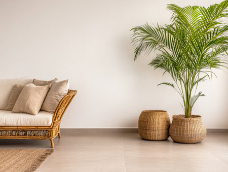 A cozy living area showcases a stylish rattan sofa adorned with soft cushions next to elegant potted palm plants, creating a serene and inviting atmosphere in a contemporary space.の素材