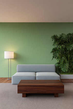 A spacious living room features a light blue sofa, a wooden coffee table, and a tall lamp. Lush greenery enhances the inviting atmosphere of the room, illuminated by natural light.の素材