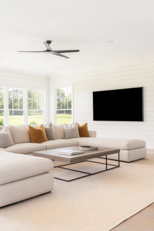 A spacious living room features a light-colored sectional couch adorned with decorative pillows. Large windows allow natural light to flood the area, enhancing the serene atmosphere.の素材