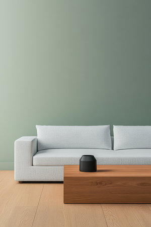A contemporary living room features a light gray couch with plush cushions beside a wooden coffee table. The minimalist decor is complemented by a soft green wall in the background.の素材