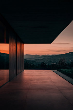 A sleek architectural design frames a stunning sunset casting warm hues over distant mountains, creating a serene atmosphere. The spacious area invites relaxation and reflection.の素材