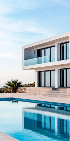 This contemporary villa features large glass windows and a minimalist design, set beside a tranquil swimming pool reflecting the clear sky. A lush palm tree adds to the peaceful environment.の素材