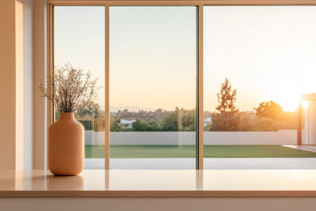 A warm sunset illuminates a minimalist interior with a vase on the countertop, offering a tranquil view of the landscape outside. The peaceful atmosphere enhances the beauty of the evening.の素材