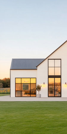 A contemporary farmhouse with expansive windows reflects the warm colors of sunset. The well-manicured lawn adds to the serene ambience of the rural setting.の素材
