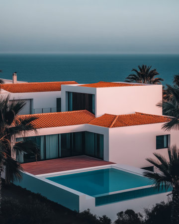 A contemporary villa features a sleek design with a swimming pool, nestled among palm trees, providing stunning ocean views during a tranquil sunset.の素材