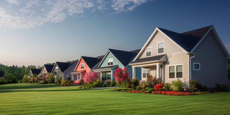 A row of colorful houses showcasing vibrant gardens and lush lawns during sunset, creating a peaceful suburban atmosphere. Trees line the background, enhancing the scenic beauty of the area.の素材
