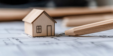 A wooden model of a house is positioned on a set of architectural blueprints, indicating planning and design work. A pencil rests nearby, suggesting active engagement in the design process.の素材
