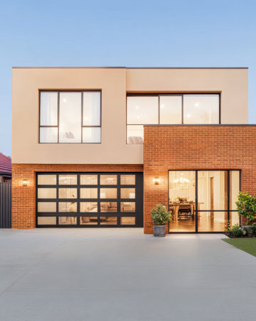 A two-story residential house showcases large windows and a stylish brick facade. The inviting entrance leads to a beautifully designed interior, surrounded by a well-maintained yard.の素材