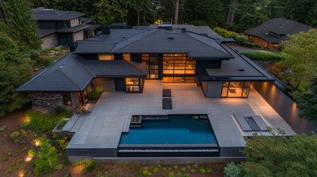A contemporary house showcases large windows and a sleek design, featuring a beautiful outdoor pool and well-maintained garden illuminated by soft lighting in a tranquil forest setting.の素材