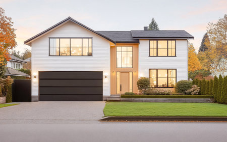 A sleek contemporary house features large windows, a black garage door, and well-maintained landscaping, creating an inviting facade in a tranquil suburban neighborhood during sunset.の素材