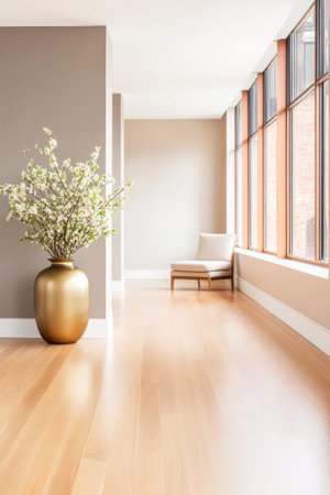 A spacious interior area is illuminated by natural light streaming through large windows. A simple vase filled with flowers adds a touch of elegance next to a modern chair.の素材