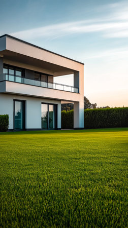 A modern, minimalist house features large glass doors opening to a beautifully manicured lawn. The evening sky casts a warm glow over the surroundings, enhancing the serene atmosphere.の素材